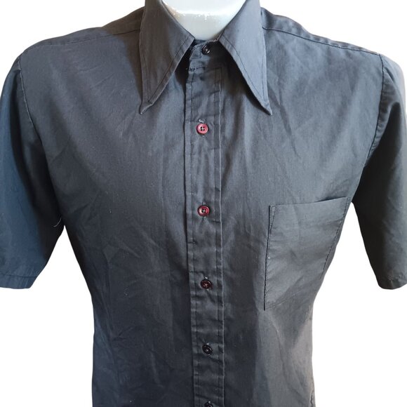 Vintage Men's Shirt Medium 1970's Towncraft Plus Black Short Sleeve Button-Up - Picture 1 of 5